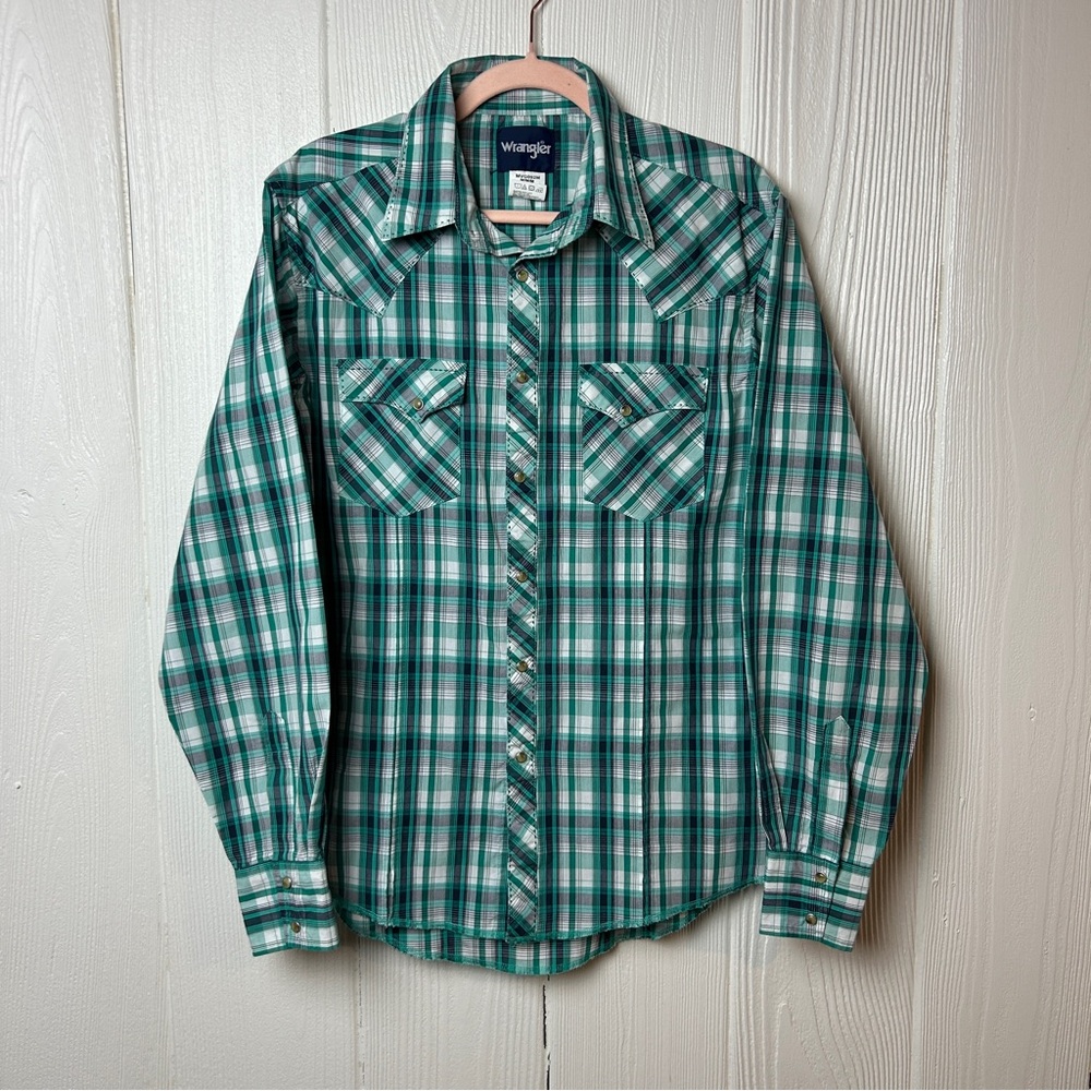 Wrangler Green Teal Plaid Long-Sleeve Western Shirt Pearl Snap Size M